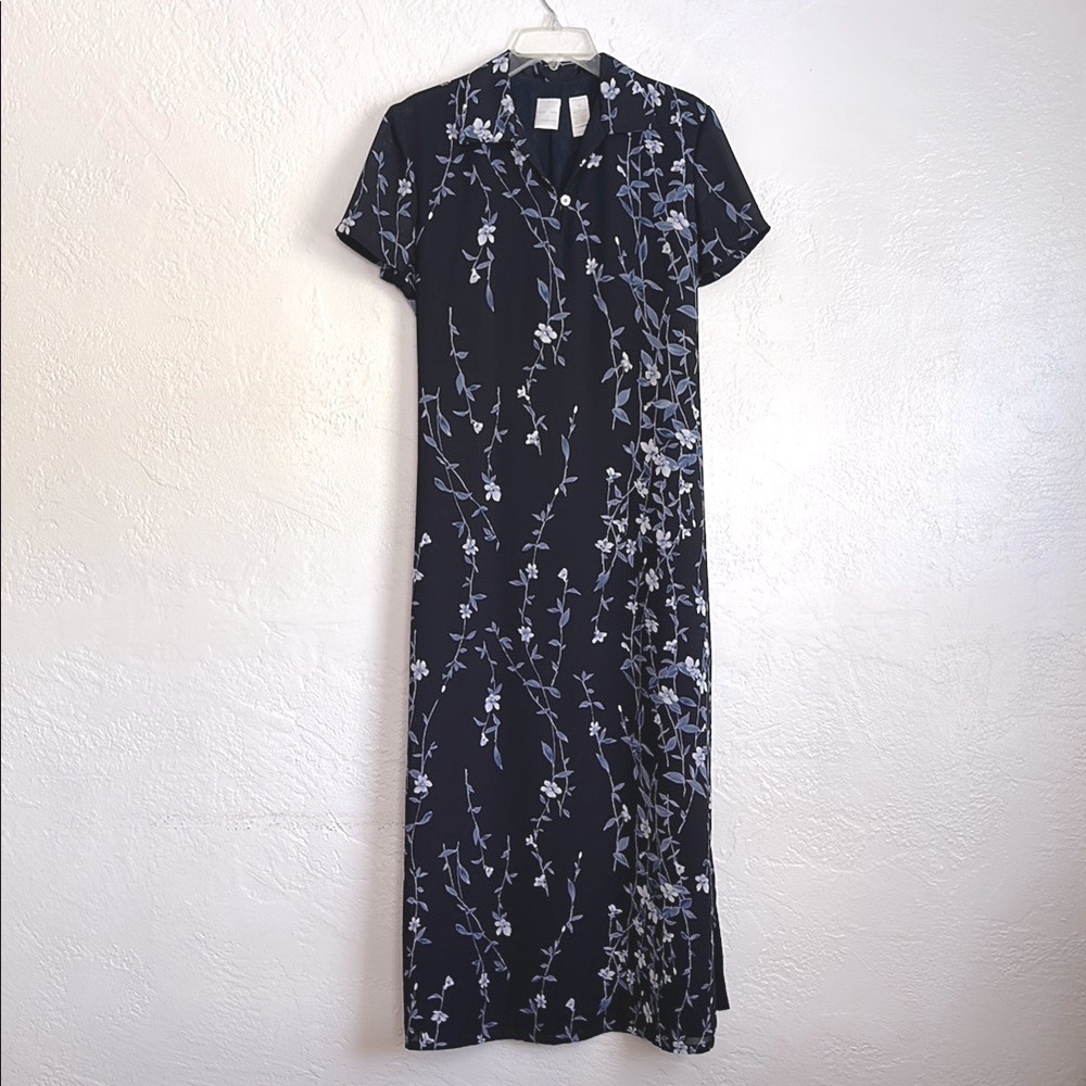 Emma James vintage Blue Shift Midi Dress Short Sleeve V Neck with collar